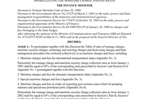 Decision No. 48/2001/QD-BTC, promulgated by The Ministry of Finance, promulgating the maritime charge and rates.