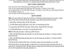 Quyết định 86/2001/QĐ-TTg chế độ phụ cấp phục vụ trong Quân đội nhân dân Việt Nam