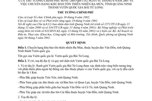 Quyết định 85/2001/QĐ-TTg chuyển hạng khu bảo tồn thiên nhiên Ba Mùn, tỉnh Quảng Ninh thành vườn quốc gia Bái Tử Long