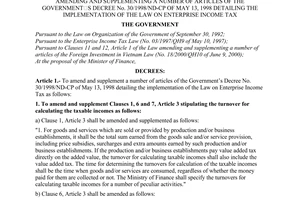 Decree of Government No. 26/2001/ND-CP, amending and supplementing a number of articles of the Government' s Decree No. 30/1998/ND-CP of May 13, 1998 detailing the implementation of the Law on Enterprise Income Tax.