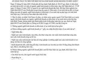 Chỉ thị 20/2001/CT-UBBT triển khai 08/CP an ninh trật tự ngành nghề kinh doanh có điều kiện Bình Thuận