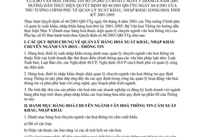 Thông tư 29/2001/TT-BVHTT quản lý xuất khẩu, nhập khẩu hàng hoá thời kỳ 2001-2005 hướng dẫn thực hiện  Quyết định 46/2001/QĐ-TTg