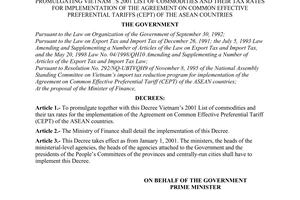 Decree of Government No. 28/2001/ND-CP, promulgating Vietnam' s 2001 list of commodities and their tax rates for implementation of the agreement on common effective preferential tariffs (CEPT) of the Asean countries.