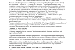 Circular No. 11/2001/TT-BYT, guiding the conditions for massage service practice, promulgated by the Ministry of Public Health.