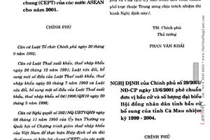 Nghị định 28/2001/NĐ-CP Danh mục hàng hoá và thuế suất của Việt Nam để thực hiện Hiệp định ưu đãi thuế quan có hiệu lực chung của Asian