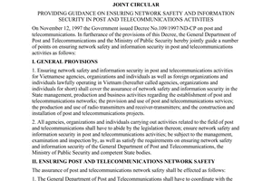 Joint circular No. 01/2001/TTLT/TCBD-BCA, providing guidance on ensuring network safety and information security in post and telecommunications activities, passed by the Genaral Department of Post and Telecomunications, the Ministry of Public Security.