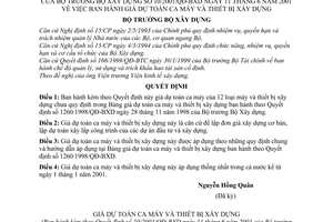 Quyết định 10/2001/QĐ-BXD giá dự toán ca máy thiết bị xây dựng