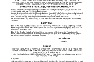 Quyết định 18/2001/QĐ-BKHCNMT phê duyệt mục tiêu nội dung  Chương trình khoa học và công nghệ trọng điểm cấp nhà nước giai đoạn 2001-2005 tự động hoá