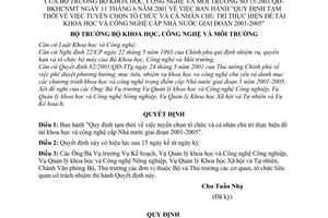 Quyết định 15/2001/QĐ-BKHCNMT Quy định tuyển chọn tổ chức cá nhân chủ trì thực hiện đề tài khoa học công nghệ cấp Nhà nước giai đoạn 2001-2005