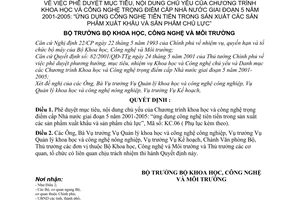 Quyết định 21/2001/QĐ-BKHCNMT phê duyệt mục tiêu nội dung Chương trình khoa học công nghệ trọng điểm Nhà nước giai đoạn 2001-2005 sản phẩm xuất khẩu