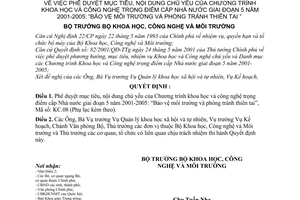 Quyết định 23/2001/QĐ-BKHCNMT duyệt mục tiêu nội dung Chương trình khoa học và công nghệ trọng điểm cấp Nhà nước 5 năm 2001-2005 phòng chống thiên tai