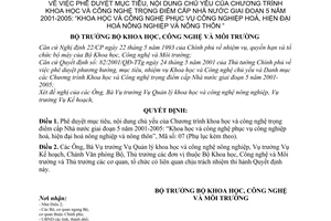 Quyết định 22/2001/QĐ-BKHCNMT phê duyệt mục tiêu nội dung Chương trình khoa học công nghệ trọng điểm cấp Nhà nước giai đoạn 2001-2005 công nghiệp hóa