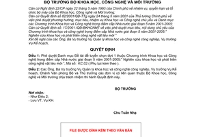 Quyết định 27/2001/QĐ-BKHCNMT duyệt danh mục Đề tài tuyển chọn đợt 1 thuộc Chương trình khoa học công nghệ trọng điểm Nhà nước 2001-2005 vật liệu mới