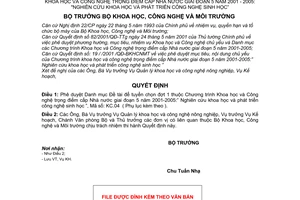 Quyết định 29/2001/QĐ-BKHCNMT duyệt danh mục Đề tài để tuyển chọn đợt 1 thuộc Chương trình khoa học và công nghệ trọng điểm cấp Nhà nước sinh học