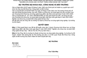 Quyết định 30/2001/QĐ-BKHCNMT duyệt danh mục Đề tài để tuyển chọn đợt 1 thuộc Chương trình khoa học và công nghệ trọng điểm cấp Nhà nước chế tạo máy