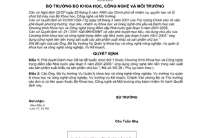 Quyết định 31/2001/QĐ-BKHCNMT duyệt danh mục Đề tài tuyển chọn đợt 1 thuộc Chương trình khoa học công nghệ trọng điểm cấp Nhà nước sản phẩm xuất khẩu