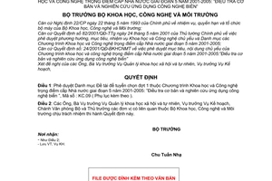 Quyết định 34/2001/QĐ-BKHCNMT duyệt danh mục Đề tài tuyển chọn đợt 1 thuộc Chương trình khoa học công nghệ trọng điểm Nhà nước ứng dụng công nghệ biển