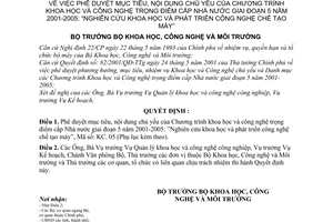 Quyết định 20/2001/QĐ-BKHCNMT phê duyệt mục tiêu nội dung Chương trình khoa học công nghệ trọng điểm cấp Nhà nước giai đoạn 2001-2005 chế tạo máy