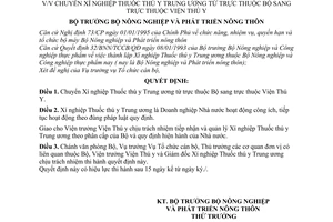 Quyết định 68/2001/QĐ-BNN chuyển xí nghiệp Thuốc Thú y Trung ương từ thuộc Bộ sang thuộc Viện Thú y