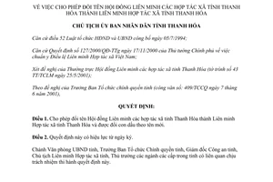 Quyết định 1493/QĐ-UB năm 2001 cho phép đổi tên Hội đồng Liên minh hợp tác xã