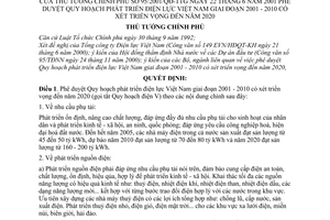Quyết định 95/2001/QĐ-TTg phê duyệt quy hoạch phát triển điện lực Việt Nam giai đoạn 2001-2010 có xét triển vọng đến năm 2020