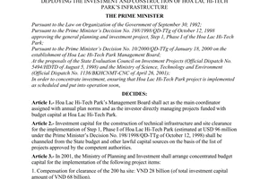 Decision No. 98/2001/QD-TTg, deploying the investment and construction of Hoa Lac Hi-tech Park's Infrastructure, promulgated by the Prime Minister of Government.