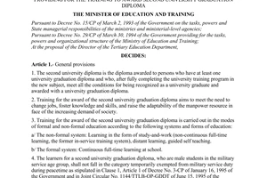 Decision No. 22/2001/QD-BGDDT, providing for the training to award second university graduation diploma, promulgated by the Ministry of Education and Training.