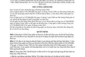 Quyết định 98/2001/QĐ-TTg triển khai đầu tư xây dựng cơ sở hạ tầng Khu công nghệ cao Hoà Lạc