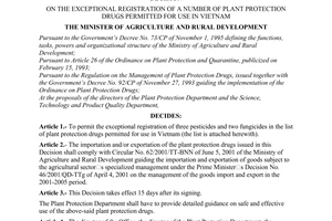 Decision No. 70/2001/QD-BNN, on the exceptional registration of a number of plant protection drugs permitted for use in Vietnam, promulgated by the Ministry of Agriculture and Rural Development.