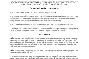 Quyết định 56/2001/QĐ-UB hỗ trợ đầu tư thủy lợi tưới nước cây cà phê cam chè tiêu úng giữ ẩm cây lạc Nghệ An