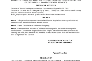 Decision No. 99/2001/QD-TTg, promulgated by the Prime Minister of Government, for the Regulation on the organization and operation of the national board on water resource.