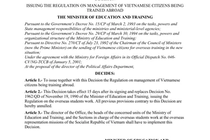 Decision No. 23/2001/QD-BGDDT, issued by the Ministry of Education and Training, for the Regulation on management of Vietnamese citizens being trained abroad.