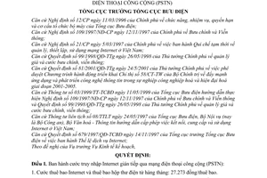 Quyết định 519/2001/QĐ-TCBĐ cước dịch vụ truy nhập Internet gián tiếp qua mạng điện thoại công cộng (PSTN)