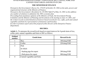 Decision No. 65/2001/QD-BTC of June 29, 2001, on rewards based on export turnover of rice, coffee, pork and canned vegetables and fruits in 2001.