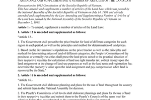 Law No. 25/2001/QH10 of June 29, 2001, amending and supplementing a number of articles of the Land Law