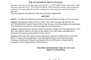 Decision No. 839/2001/QD-NHNN of June 29, 2001, on the adjustment of the refinancing interest rate of the state bank for credit institutions being banks