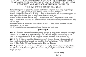 Quyết định 594/2001/QĐ-TCHQ sửa đổi giá tối thiểu mặt hàng không thuộc danh mục Nhà nước quản lý giá