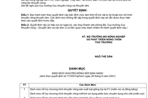 Quyết định 71/2001/QĐ-BNN định mức tạm thời hỗ trợ vật tư kỹ thuật trong chương trình khuyến nông – khuyến lâm