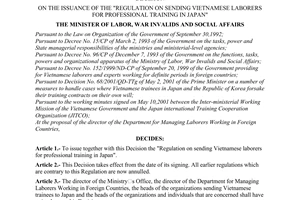 Decision No. 621/2001/QD-BLDTBXH of July 03, 2001, on the issuance of the "regulation on sending Vietnamese laborers for professional training in Japan".