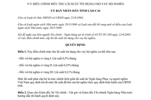 Quyết định 227/2001/QĐ.UB điều chỉnh mức thu lãi suất tín dụng cho vay hộ nghèo Lào Cai