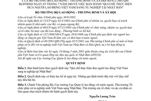 Quyết định 621/2001/QĐ-BLĐTBXH Quy chế thực hiện đưa người lao động Việt Nam sang tu nghiệp  Nhật Bản