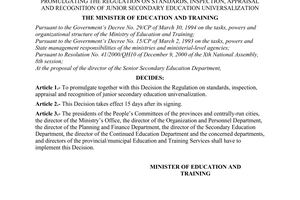 Decision No.26/2001/QD-BGDDT, promulgated by the Ministry of Education and Training, for the regulation on standards, inspection, appraisal and recognition of junior secondary education universalization.