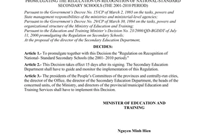 Decision No. 27/2001/QD-BGDDT of July 05, 2001, promulgating the regulation on recognition of national-standard secondary schools (the 2001-2010 period)