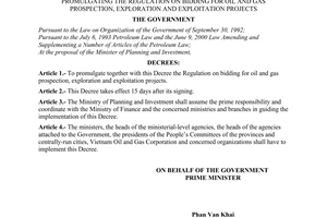 Decree No. 34/2001/ND-CP of July 06, 2001, promulgating the regulation on bidding for oil and gas prospection, exploration and exploitation projects.