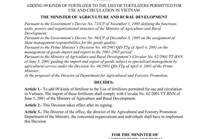 Decision No. 74/2001/QD-BNN, adding 09 kinds of fertilizer to the list of fertilizers permitted for use and circulation in Vietnam, promulgated by the Ministry of Agriculture and Rural Development.