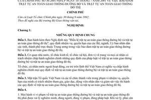 Nghị định 36/2001/NĐ-CP bảo đảm trật tự an toàn giao thông đường bộ và trật tự an toàn giao thông đô thị