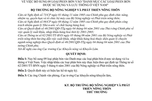 Quyết định 74/2001/QĐ-BNN-KNKL  bổ sung 09 loại phân bón vào Danh mục  phân bón được sử dụng lưu thông ở Việt Nam