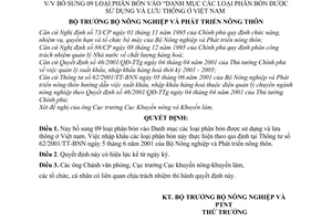 Quyết định 74/2001/QĐ-BNN bổ sung 09 loại phân bón vào Danh mục phân bón được sử dụng lưu thông ở Việt Nam