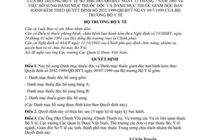 Quyết định 3046/2001/QĐ-BYT bổ sung danh mục thuốc độc  thuốc giảm độc  kèm theo Quyết định 2032/1999/QĐ-BYT