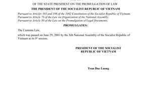 Order No. 10/2001/L-CTN promulgated by The President, on the promulgation of Law.